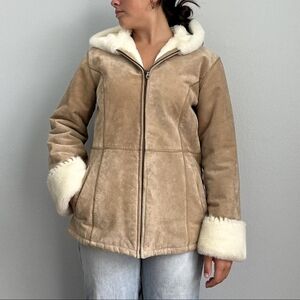 WILSONS LEATHER Vintage Y2K Suede Faux Fur Hooded Coat Tan sz M Women's Jacket